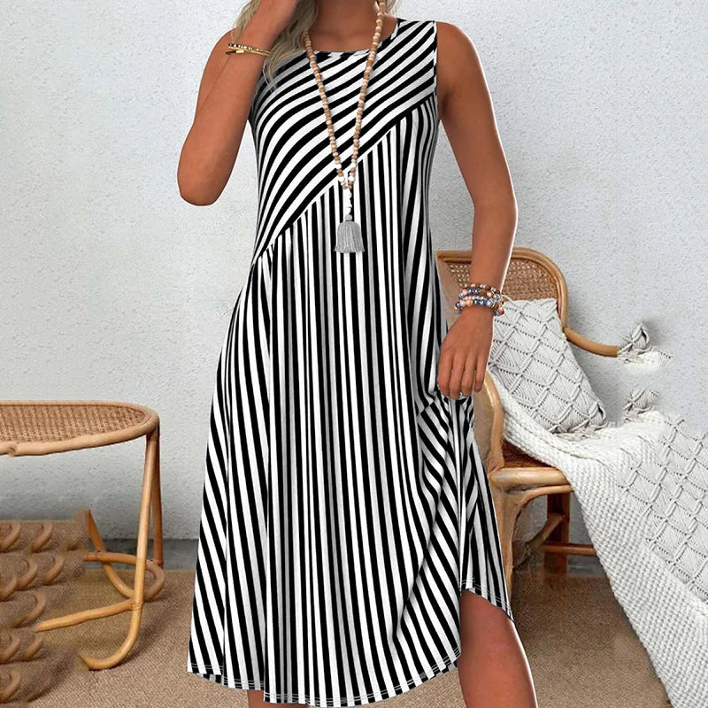 Cardydony Striped Crew Neck Tank Midi Dress