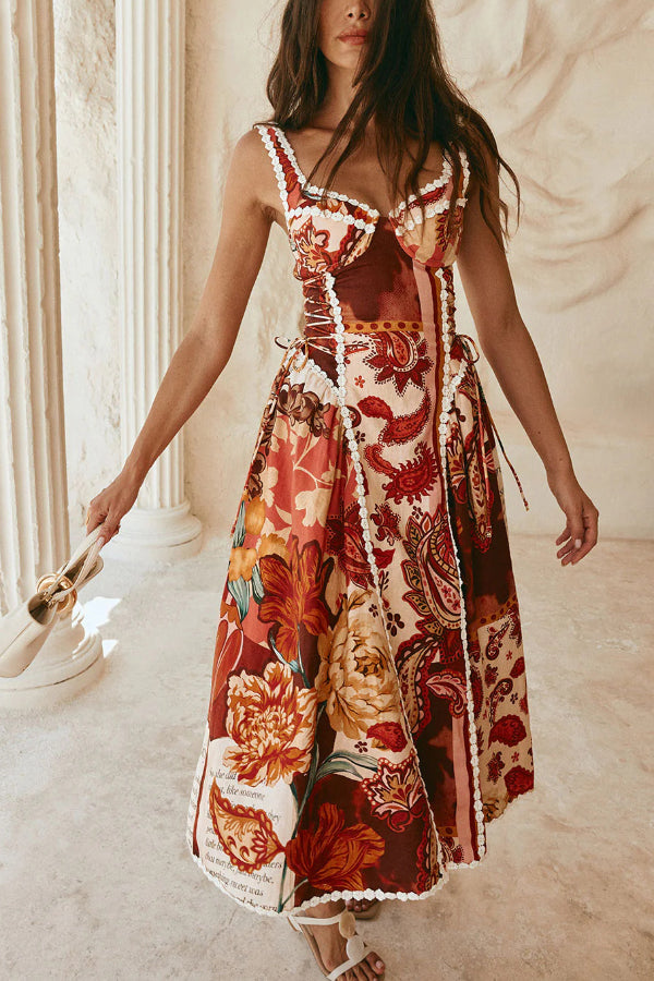 Cardydony Women's  Unique Printed Floral Trim Suspender Side Tie Vacation Midi Dress