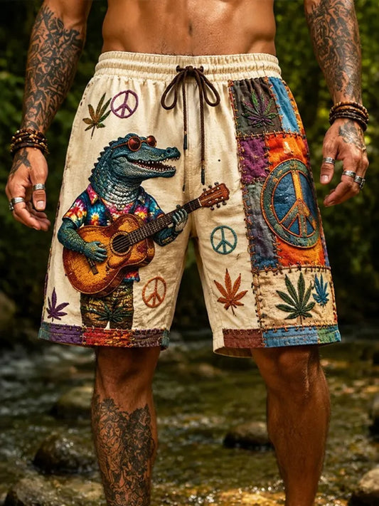 Cardydony Men's Fun Crocodile Playing Guitar Art Print Casual Shorts