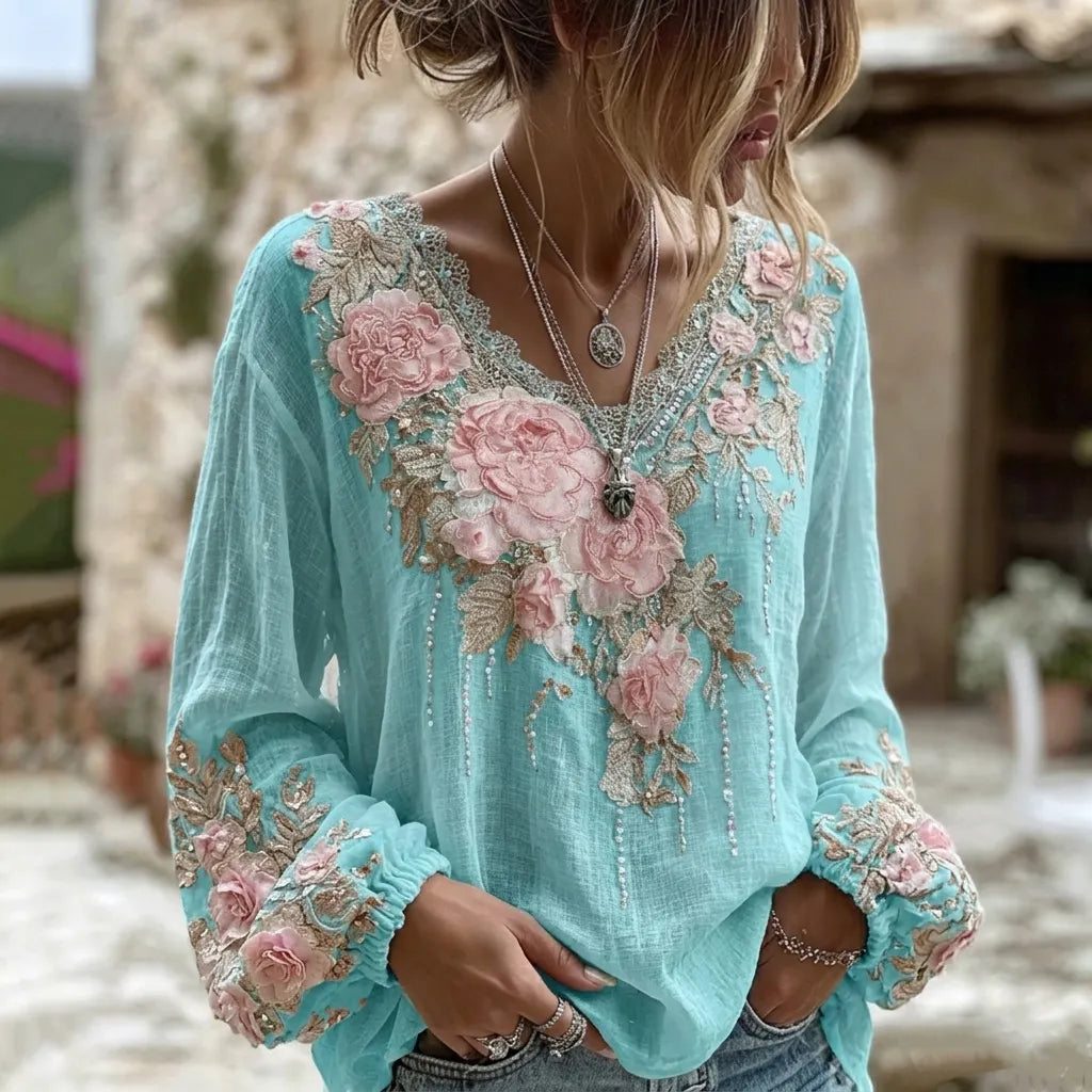 Cardydony Women's Retro Bohemian Rose Embroidery Pattern Casual Cotton Linen Blend T-shirt