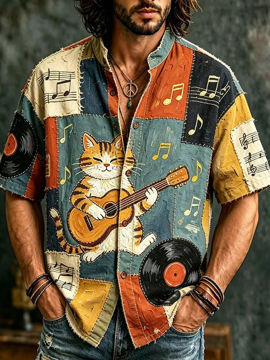 Cardydony Men's Hippie Peace And Love Music With Cute Cat Patchwork Art Print Casual Shirt