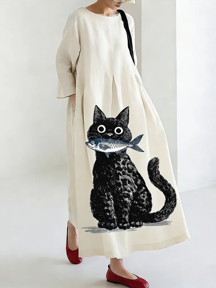 Cardydony Women's Japanese Artistic Fun Cat Pattern Linen Dress
