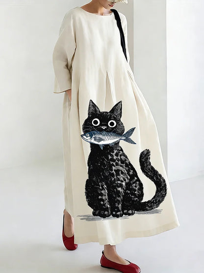 Cardydony Women's Japanese Artistic Fun Cat Pattern Linen Dress