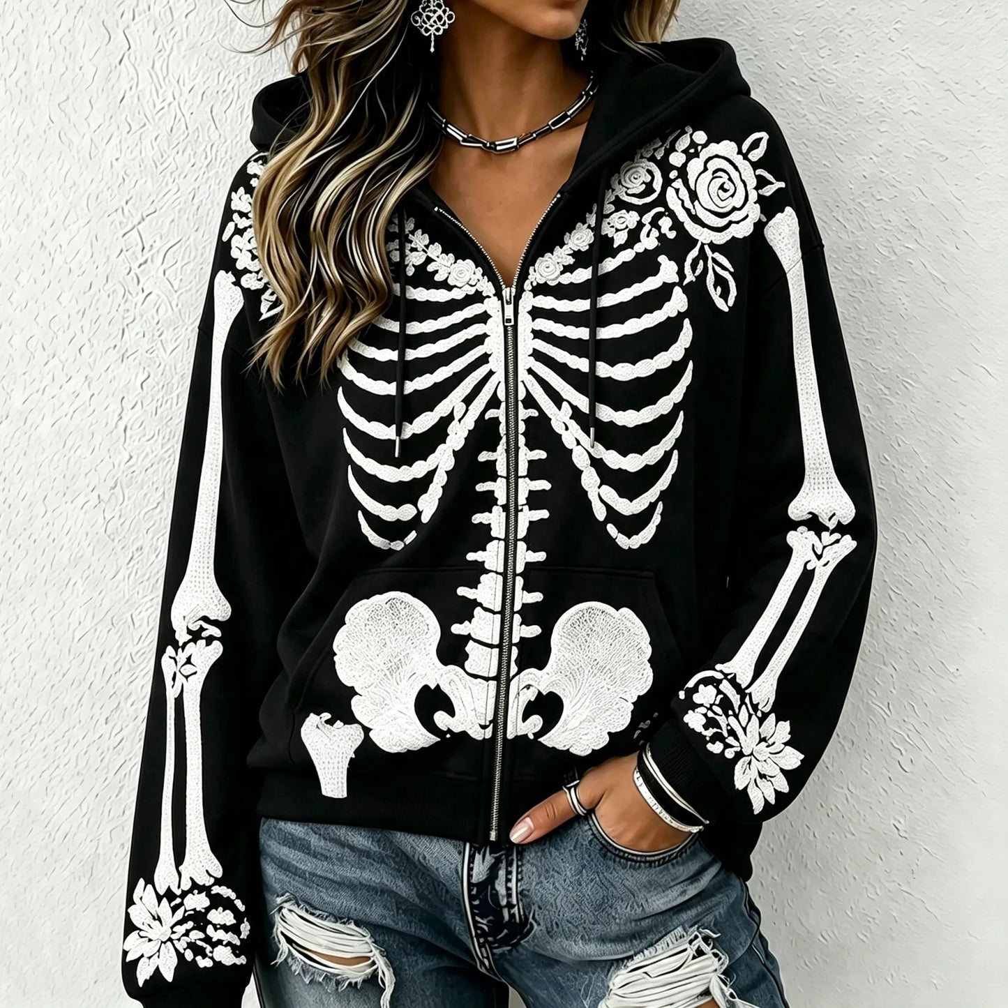 Cardydony Women's Retro Skull Rose Halloween Zippered Gothic Hoodie