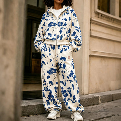Cardydony Women's Japanese Floral Art Print Zip Up Hoodie Two Piece Set