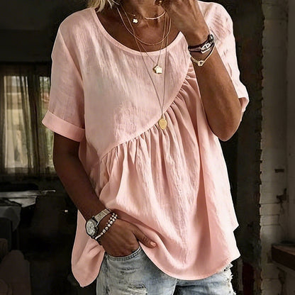 Cardydony Women's Vintage Irregular Pleated Design Short Sleeves Round Neck Linen T-shirt