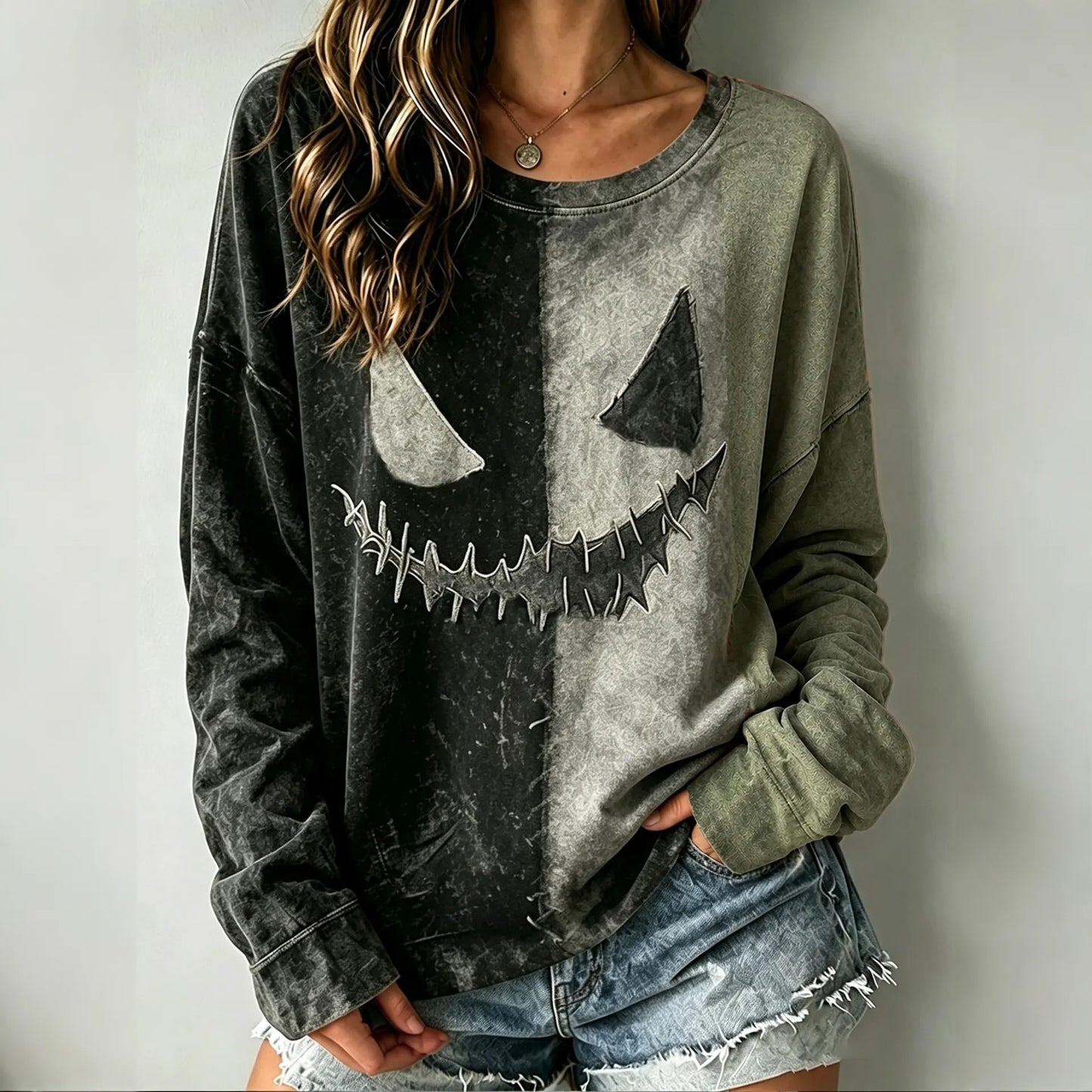 Cardydony Women's Halloween Scary Face Ghost Color Blocking Art Print Casual Sweatshirt