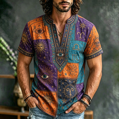 Cardydony Men's Zodiac Sun, Moon And Stars Patchwork Short-sleeve Cotton Linen Top