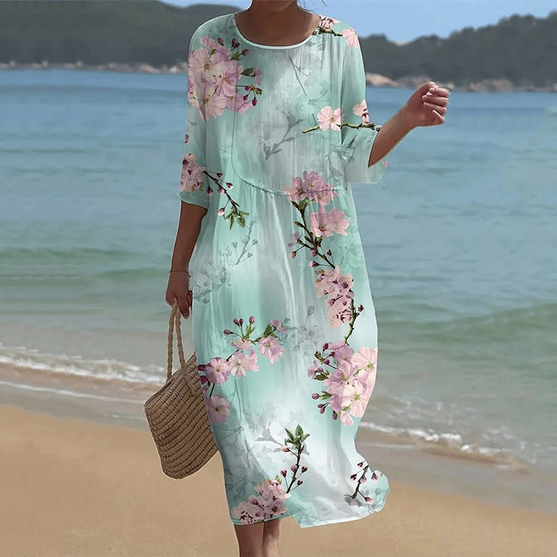 Cardydony Women's Elegant Floral Art Linen Blend Loose Linen Dress