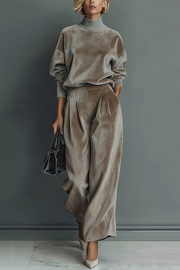 Cardydony Women's Stylish Velvet Turtleneck Long-sleeved Top and Casual Pocket Wide-leg Pants Set