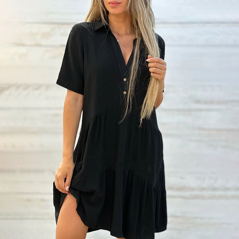 Cardydony Loose Solid Color Lapel Casual Short-sleeved Cotton Linen Dress
