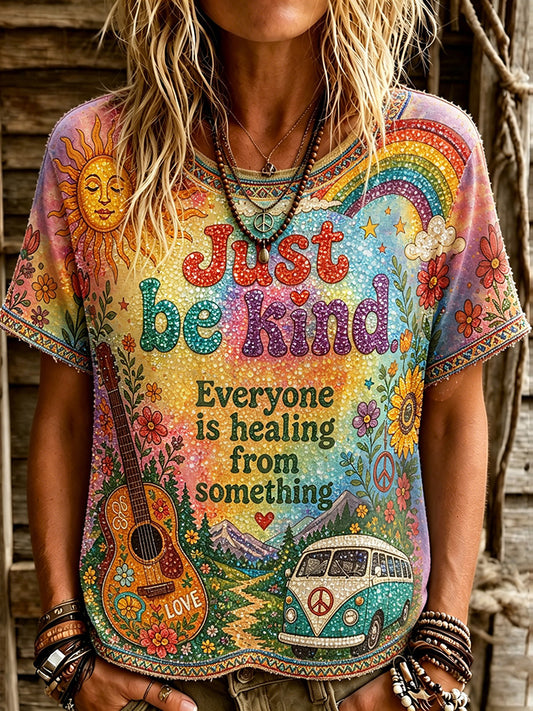 Cardydony Women's Retro Hippie Just Be Kind Landscape Art Crew Neck T-shirt