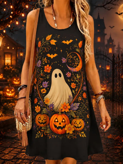 Cardydony Women's Sleeveless Scoop Neck Halloween Tank Dress Featuring Cute Ghost, Jack-o'-lanterns, And Autumn Floral Wreath