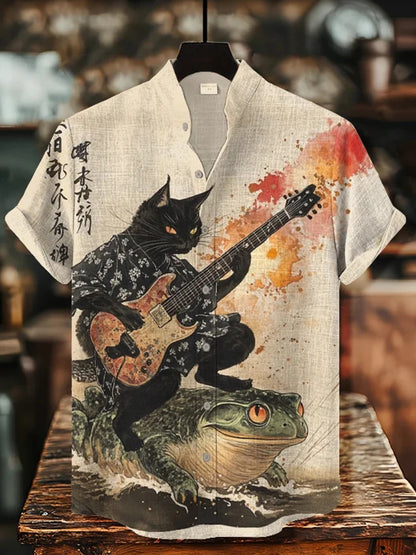 Cardydony Men's Black Cat Riding On Toad Playing Guitar Print Short Sleeve Shirt