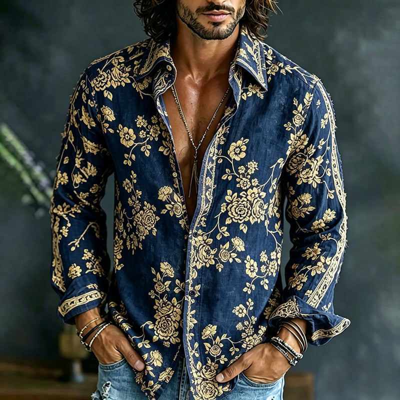 Cardydony Men's Spring Summer Colorful Floral Embroidered Art Print Flowy Linen Blend Shirt
