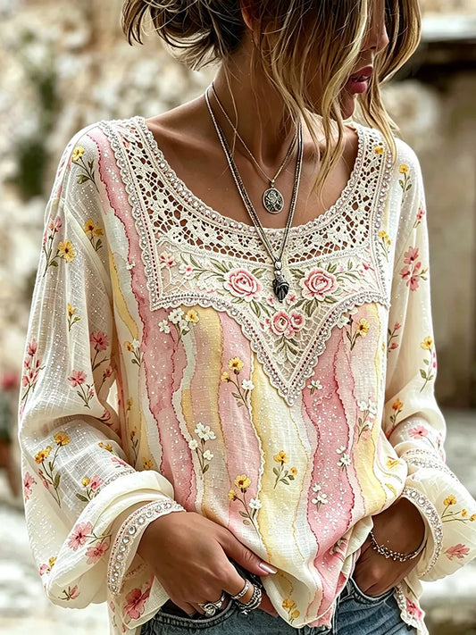 Cardydony Women's Vintage Floral Art Embroidered Linen Blend Round Neck Long Sleeve Tops