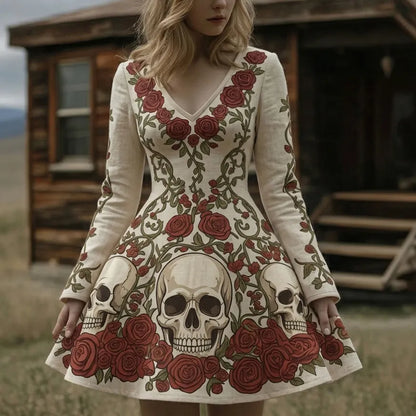 Cardydony Women's Retro Halloween Skull And Floral Print V-neck Long Sleeve Dress