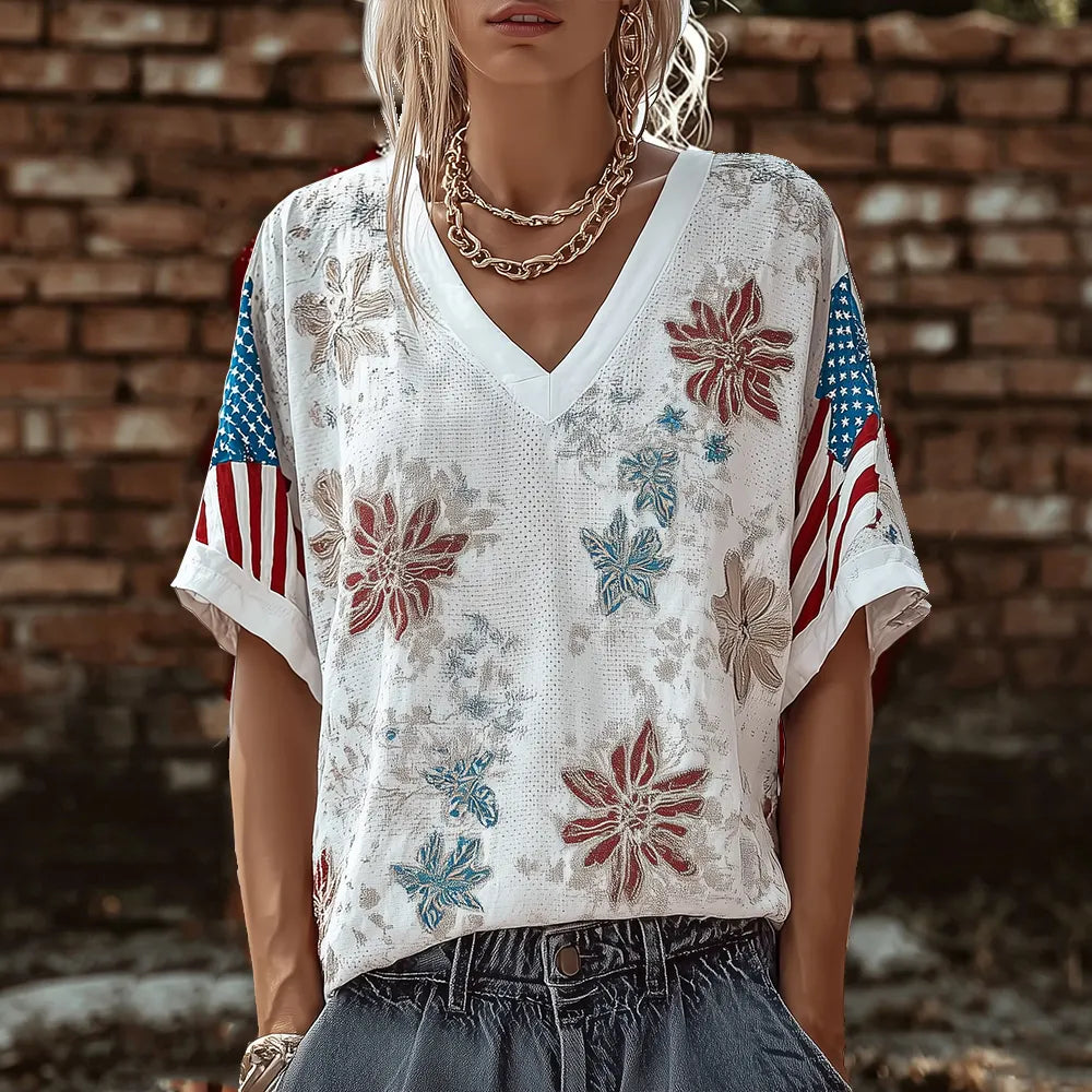 Cardydony Women's American Flag Sleeve V-neck T-shirt Floral Print Loose Short Sleeve Blouse
