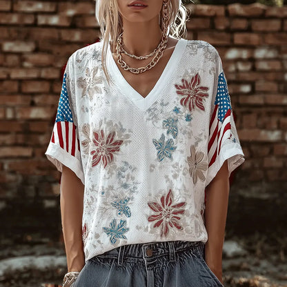 Cardydony Women's American Flag Sleeve V-neck T-shirt Floral Print Loose Short Sleeve Blouse
