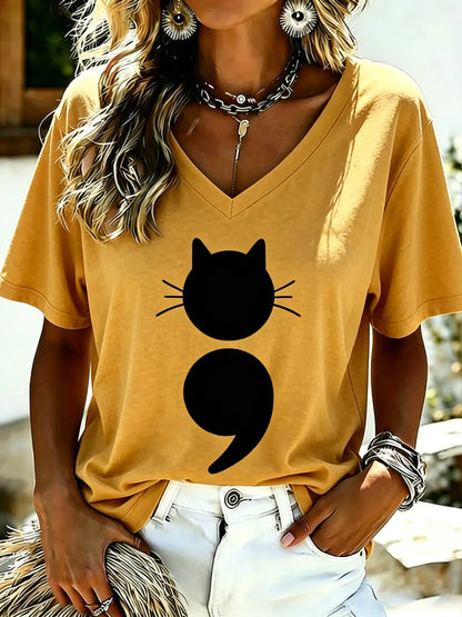 Cardydony Women's Survivor Cat Semicolon Mental Health Graphic Print Short Sleeve T-shirt
