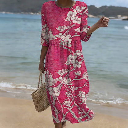 Cardydony Japanese Cherry Blossom Art Flowy Linen Maxi Dress