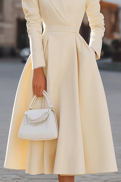 Cardydony Women's Solid Color Lapel Long Sleeve Waist Pocket Midi Dress