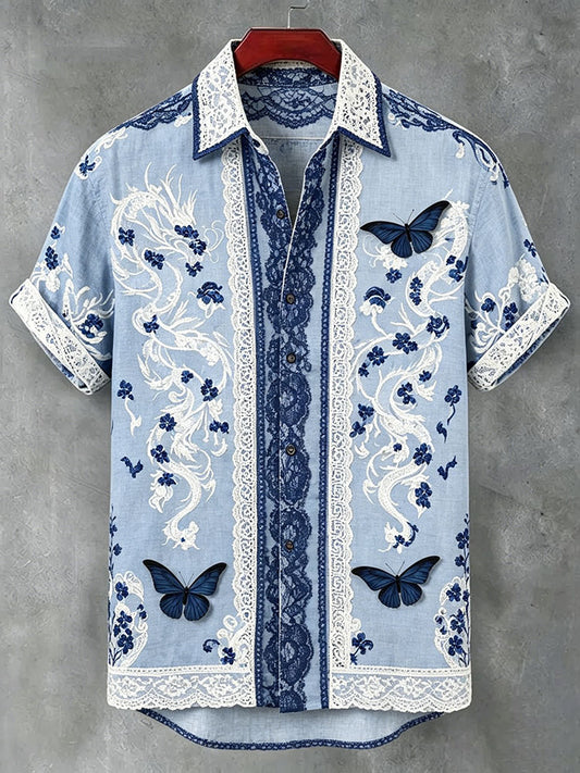 Cardydony Men's Floral Dragon Butterfly Lace Cotton Linen Short-sleeve Shirt