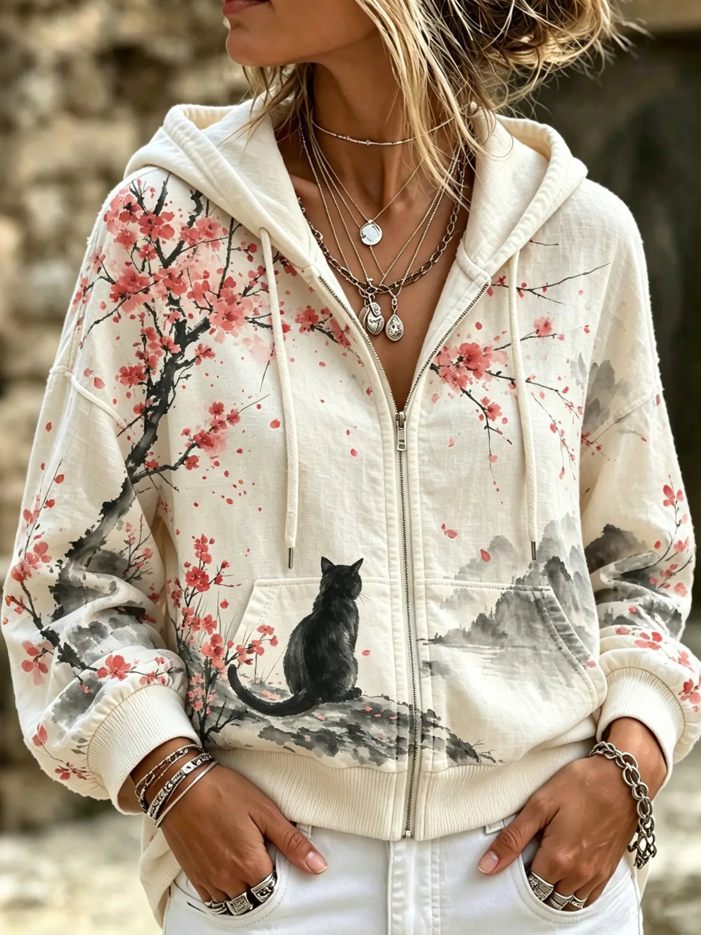 Cardydony Women's Retro Plum Blossom Black Cat Print Zip-up Hoodie