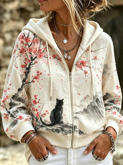 Cardydony Women's Retro Plum Blossom Black Cat Print Zip-up Hoodie