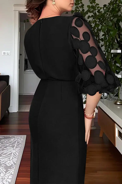Cardydony Women's Solid Color Polka Dot Lantern Sleeve Slim High Waist Midi Dress