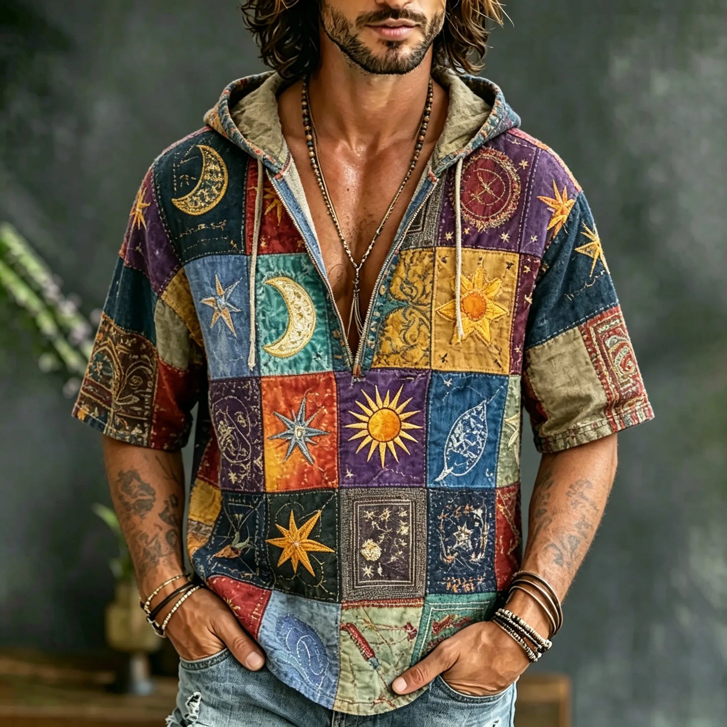 Cardydony Retro Casual Sun And Moon Print Patchwork Hooded T-shirt