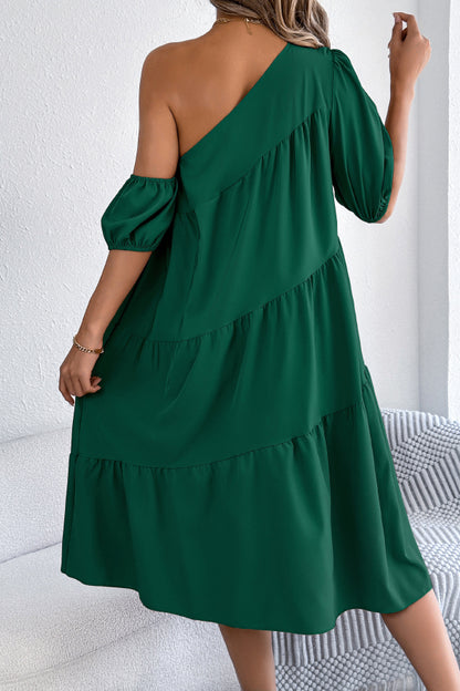 Cardydony Women's Solid Color Loose Slash Neck Short-sleeved Casual Midi Dress