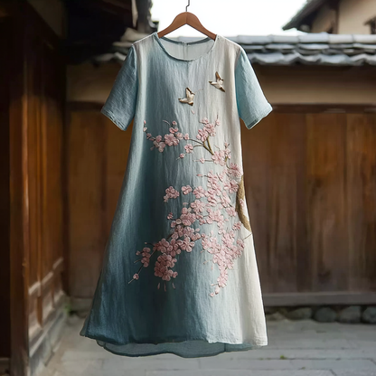 Cardydony Japanese Art Cherry Blossom Pattern Design Casual Linen Dress