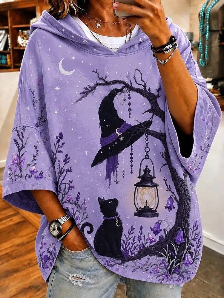 Cardydony Women's Retro Halloween Cat Witch Hat With Branch Print Loose Top