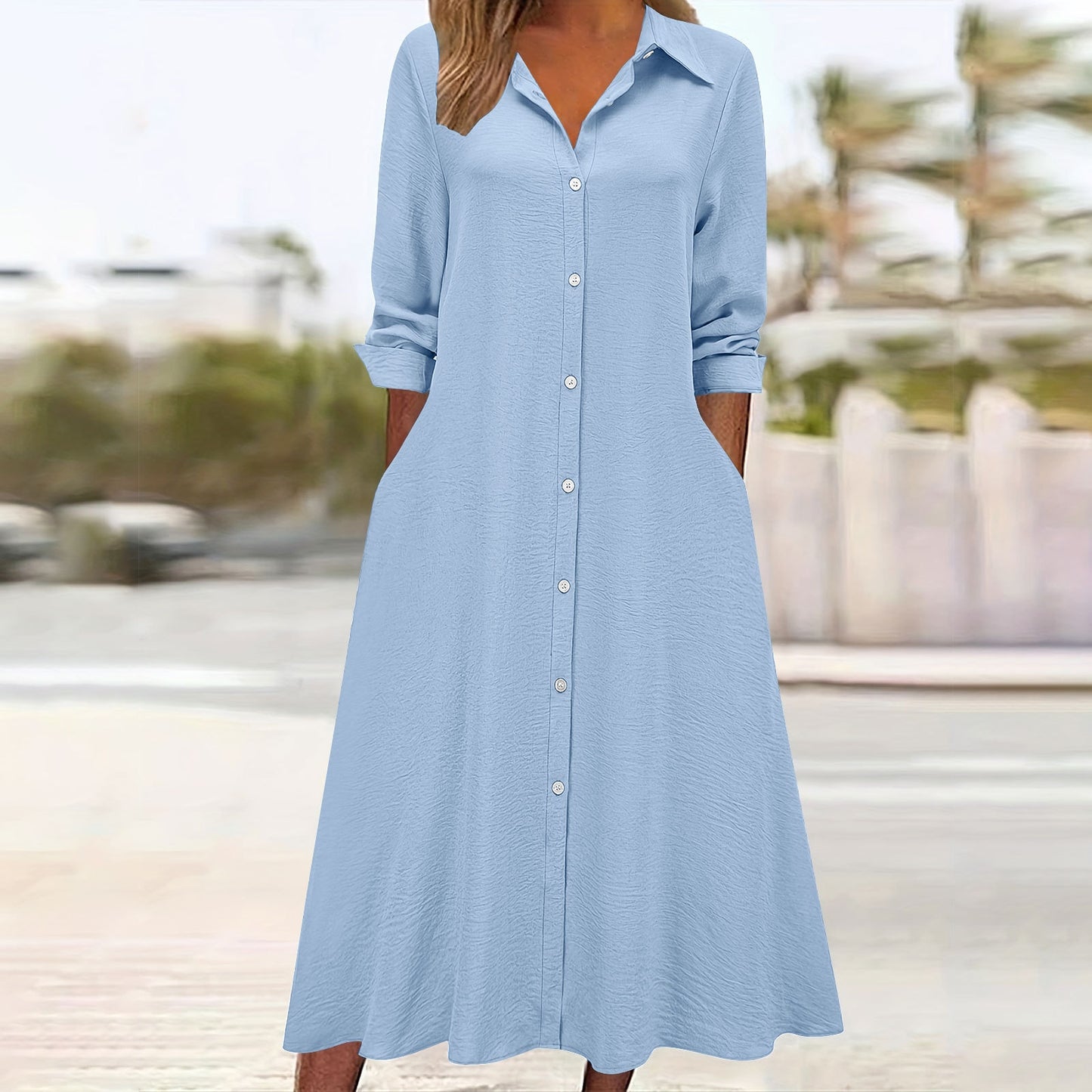 Cardydony Women's Retro Solid Color Collared Long-sleeved Pocket Shirt Dress