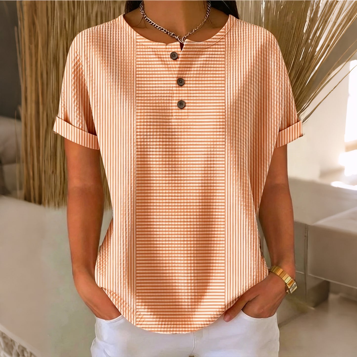 Cardydony Women's Striped Pattern Casual Short-sleeved Shirt