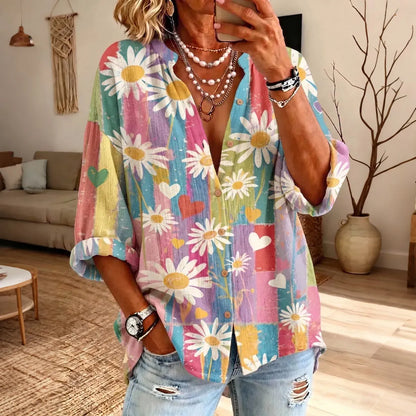 Cardydony Women's Vintage Daisy Art Print Long Sleeve Shirt