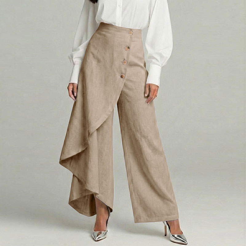 Cardydony Women's Casual Retro Irregular Ruffles Button Cotton And Linen Pants