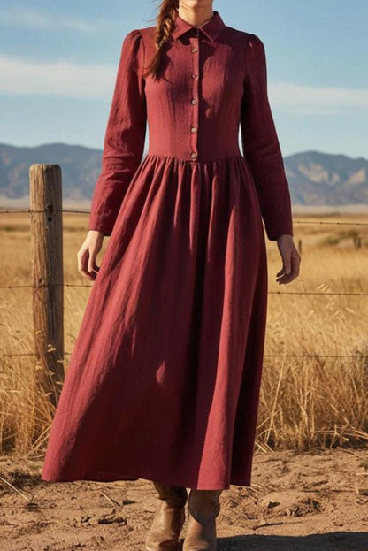 Cardydony Women's Linen Blend Solid Color Lapel Long-sleeved Casual Maxi Dress