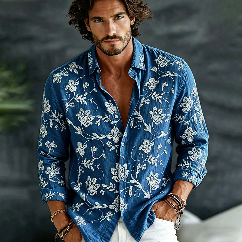 Cardydony Men's Vintage Spring Floral Embroidered Art Print Flowy Linen Blend Casual Shirt