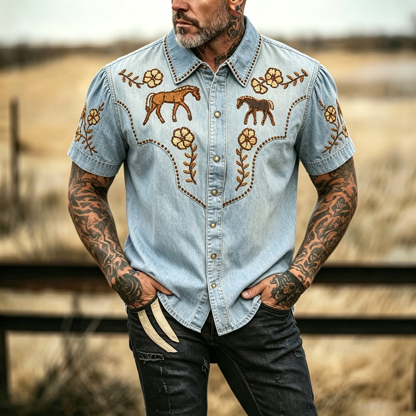 Cardydony Men's Retro Ethnic Horse Print Short-sleeve Shirt