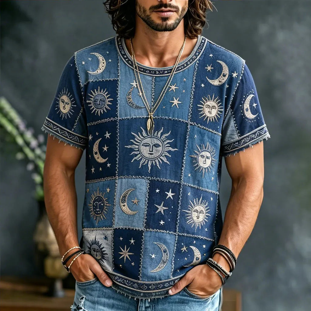 Cardydony Men's Hippie Sun Moon Geometric Patchwork Print Short Sleeve T-shirt