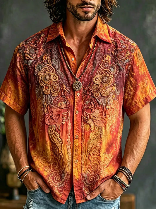 Cardydony Boho Vintage Paisley Embroidery Short Sleeve Button Down Shirt For Men, Western Retro Textured Floral Print Casual Vacation Top
