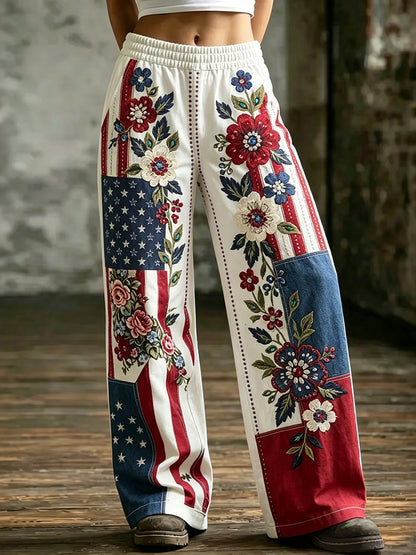 Cardydony Women's Patchwork Floral Cotton And Linen Trousers