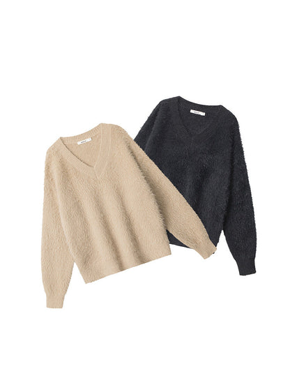 Cardydony Women's Fluffy V-Neck Sweater | Soft Fuzzy Winter Pullover