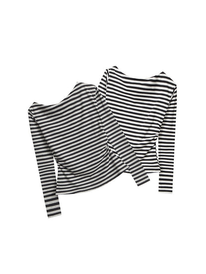 Cardydony Women's Off-Shoulder Striped Top | Cotton Long Sleeve Casual Tee