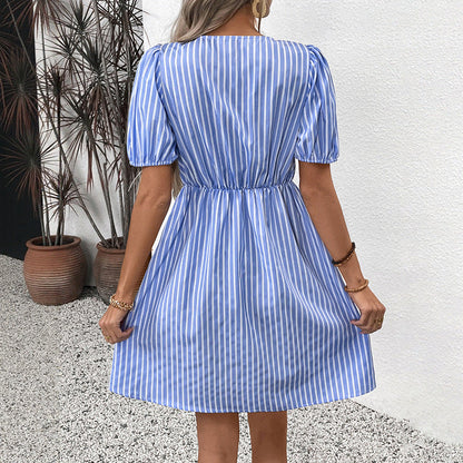 Cardydony Women's Striped Bow-Tie Mini Dress | Puff Sleeve A-Line Dress