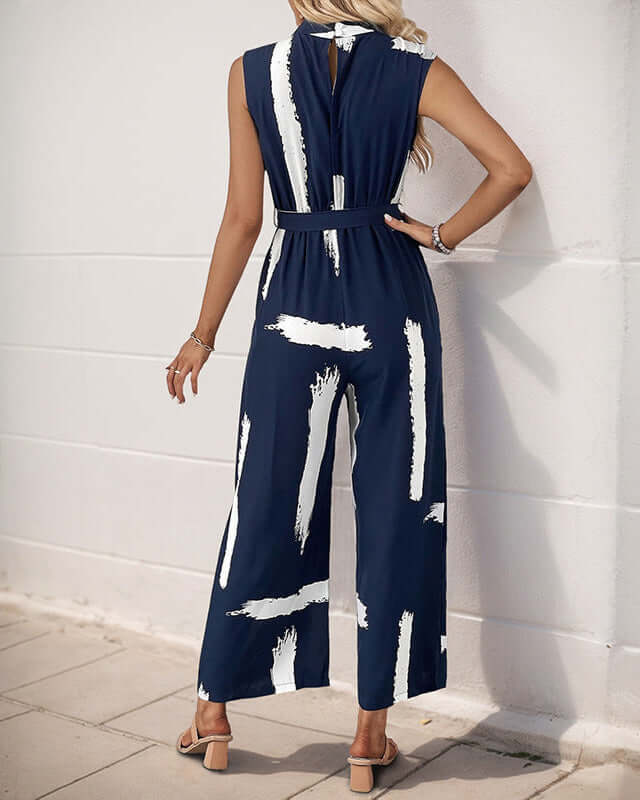 Cardydony Women's Brushstroke Print Belted Jumpsuit | Sleeveless Wide-Leg One-Piece