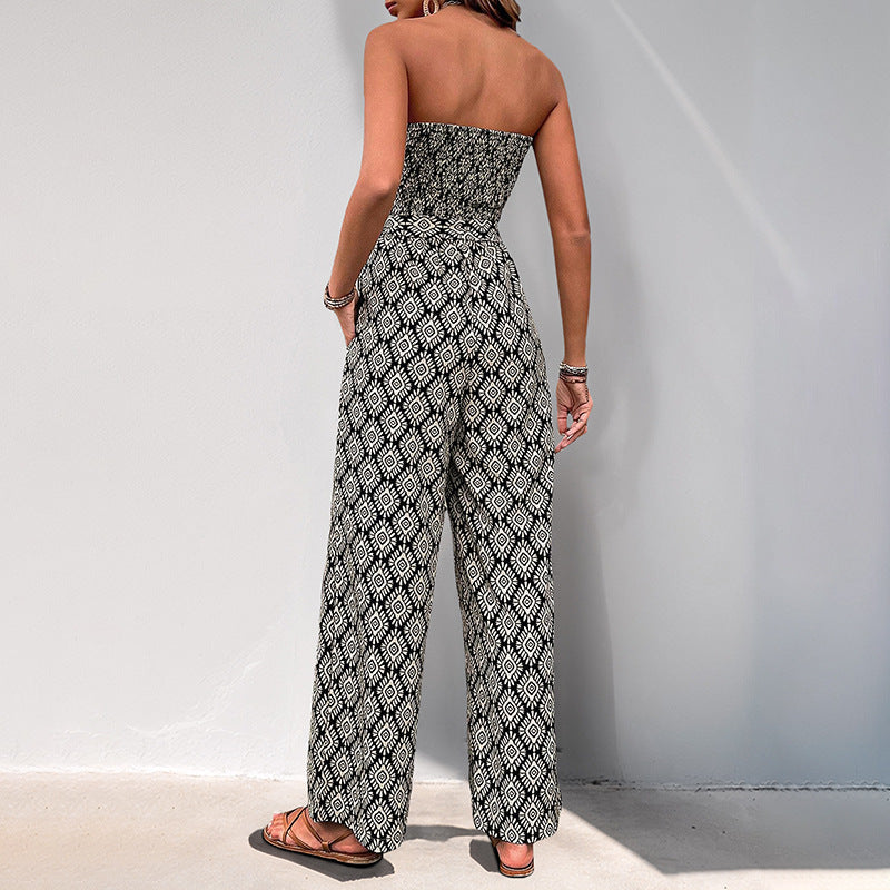 Cardydony Women's Strapless Wide-Leg Jumpsuit | Boho Smocked Summer Romper