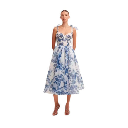 Cardydony Women's Chic Floral Organza Midi Dress with Delicate Bow Straps